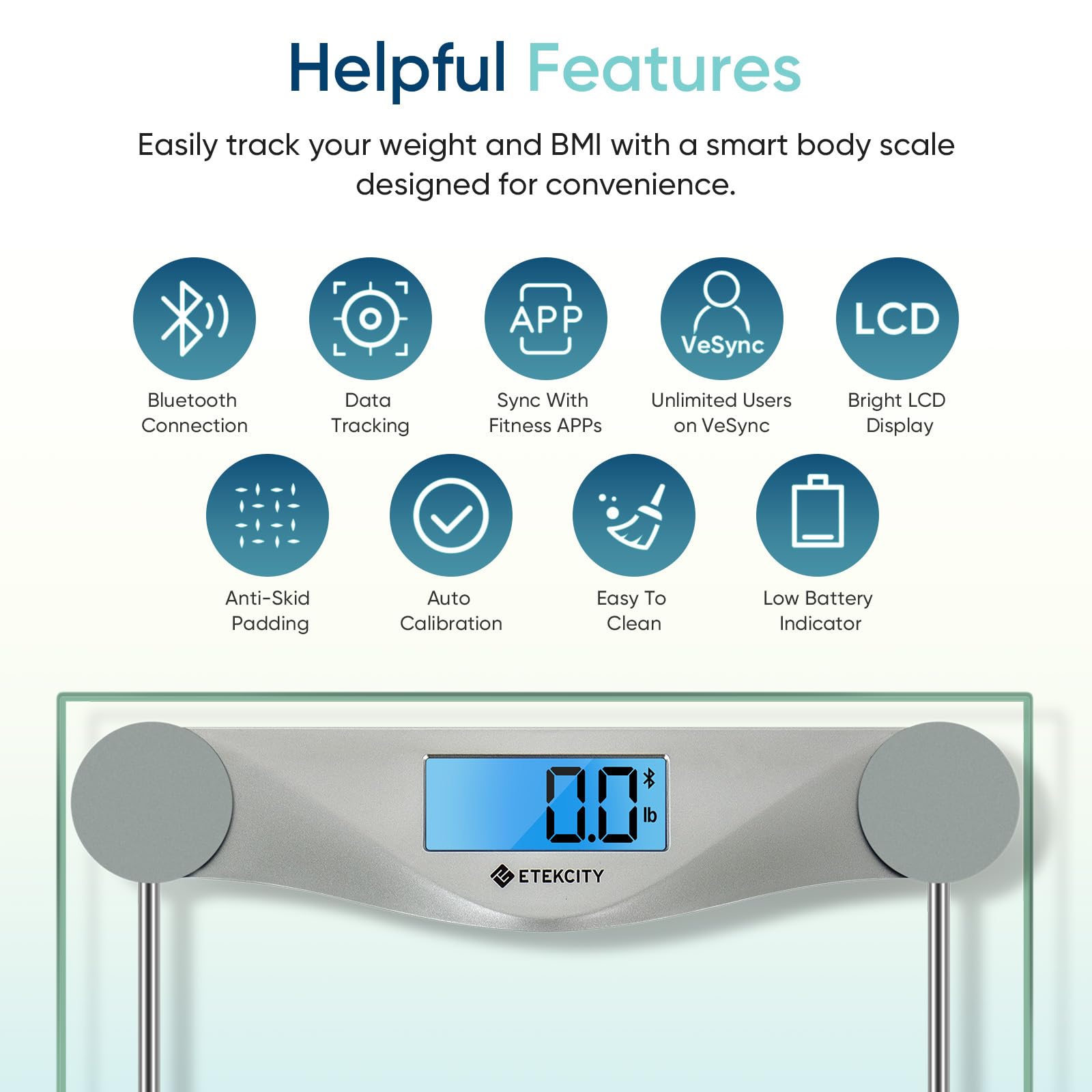 Etekcity Bathroom Scale for Body Weight and BMI, Upgraded Bluetooth Digital Scale, Large Blue LCD Backlight Display, High Precision Measurements, 400 Pounds