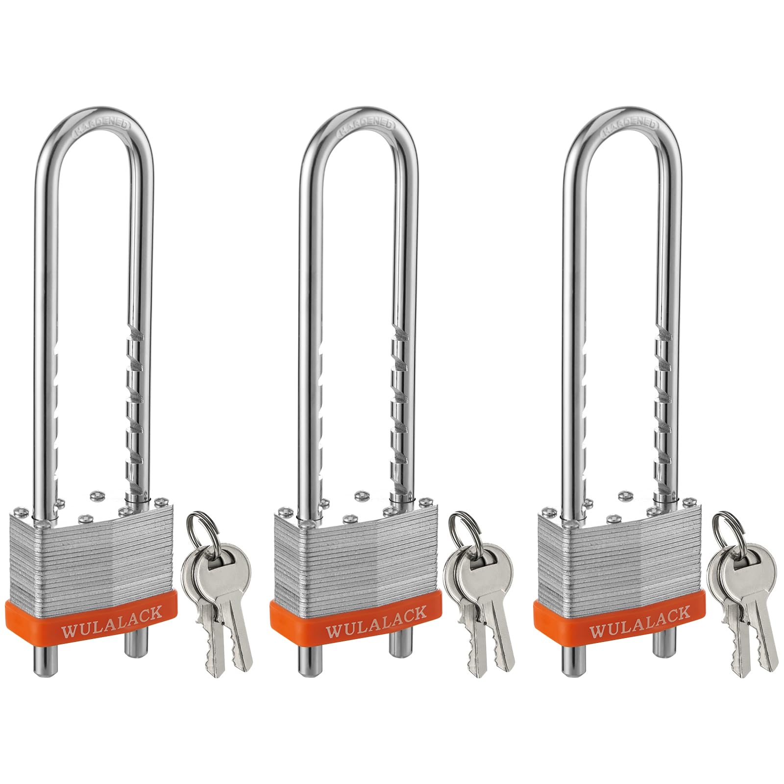Photo 1 of Locks with Keys, WULALACK 2 inch Wide Laminated Steel Keyed Padlock with Adjustable Shackle, Long Padlocks with Same Key,3 Pack