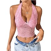 SHENHE Women's Floral Lace Bow Front Halter Neck Top Sleeveless Sheer Sexy Y2k Crop Top