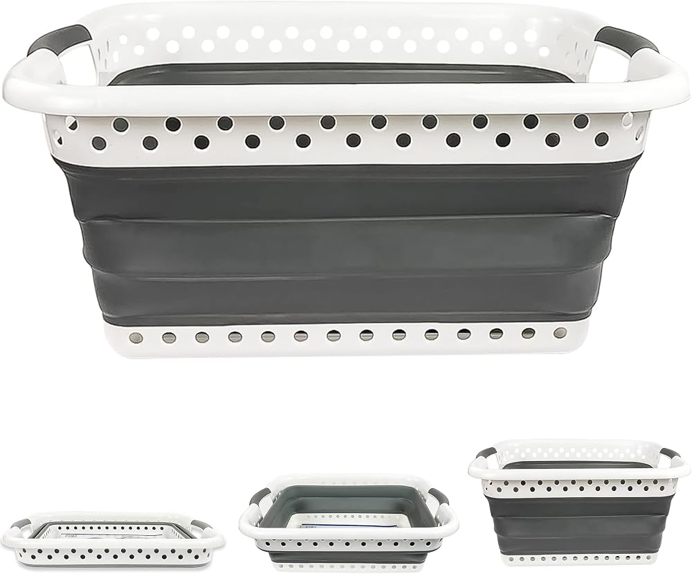 Denny International 67L Large Folding Laundry Basket White Grey Rectangular