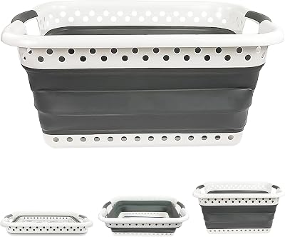 Denny International 67L Large Folding Laundry Basket White Grey Rectangular