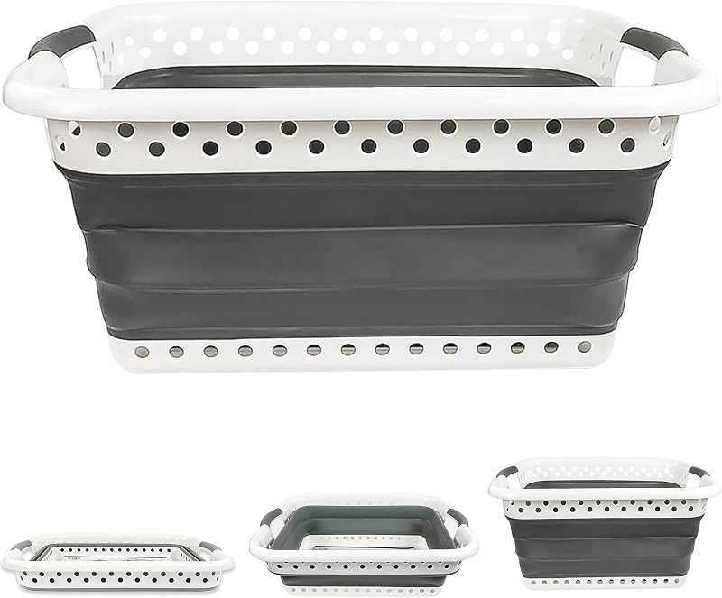 Denny International 67L Large Folding Laundry Basket White Grey Rectangular