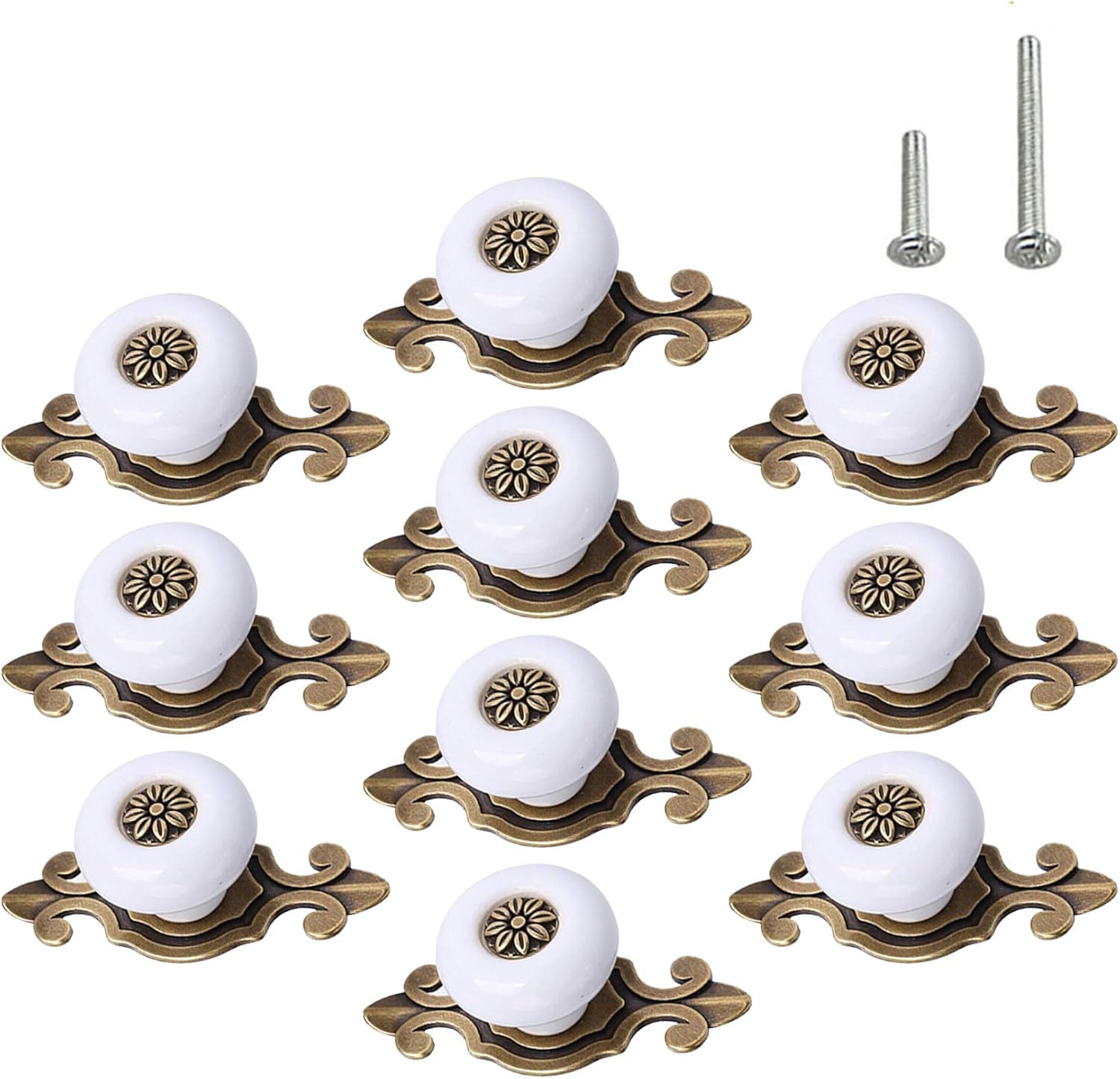 10 Pack Retro Ceramic Knobs,Vintage Dresser Kitchen Petal Cabinet Pulls,Zinc Alloy Base Kid Cupboard Wardrobe Drawer Door Handles,Bronze+White