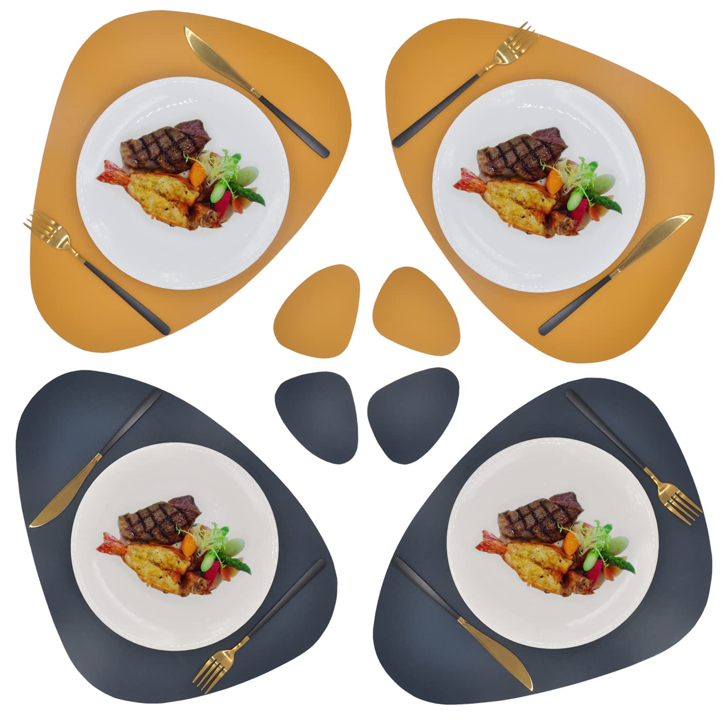 Double Side Leather Placemats and Coaster Sets of 4 - Washable Non Slip Table Mats Hot Resistant for Dining Table (Navy-Yellow, 4 Placemats + 4 Coasters)