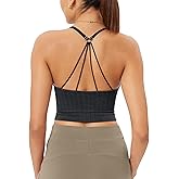 ODODOS Seamless Padded Sports Bra for Women Strappy Longline Wirefree Brami Ribbed Crop Tank Tops