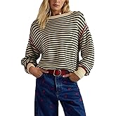 Womens Striped Knit Sweater Loose Crew Neck Long Sleeve Color Block Casual Knitted Pullover Tops