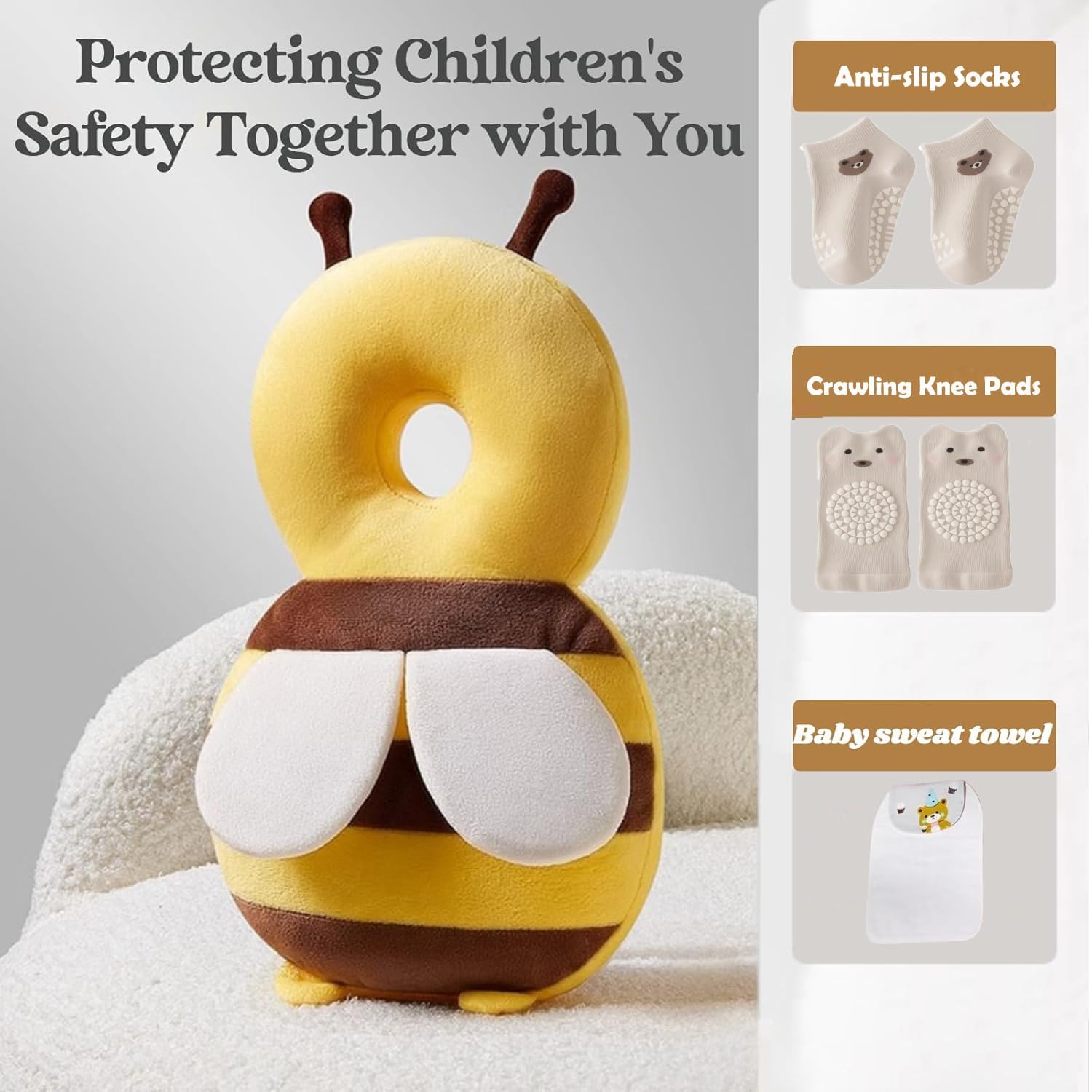 Baby Head Protector Backpack, Toddler Baby Head Protection Backpack with Baby Knee Pads Alarm Function for Walking & Crawling, Soft, Breathable and Wearing Safety Baby Head Protector - Yellow Bee