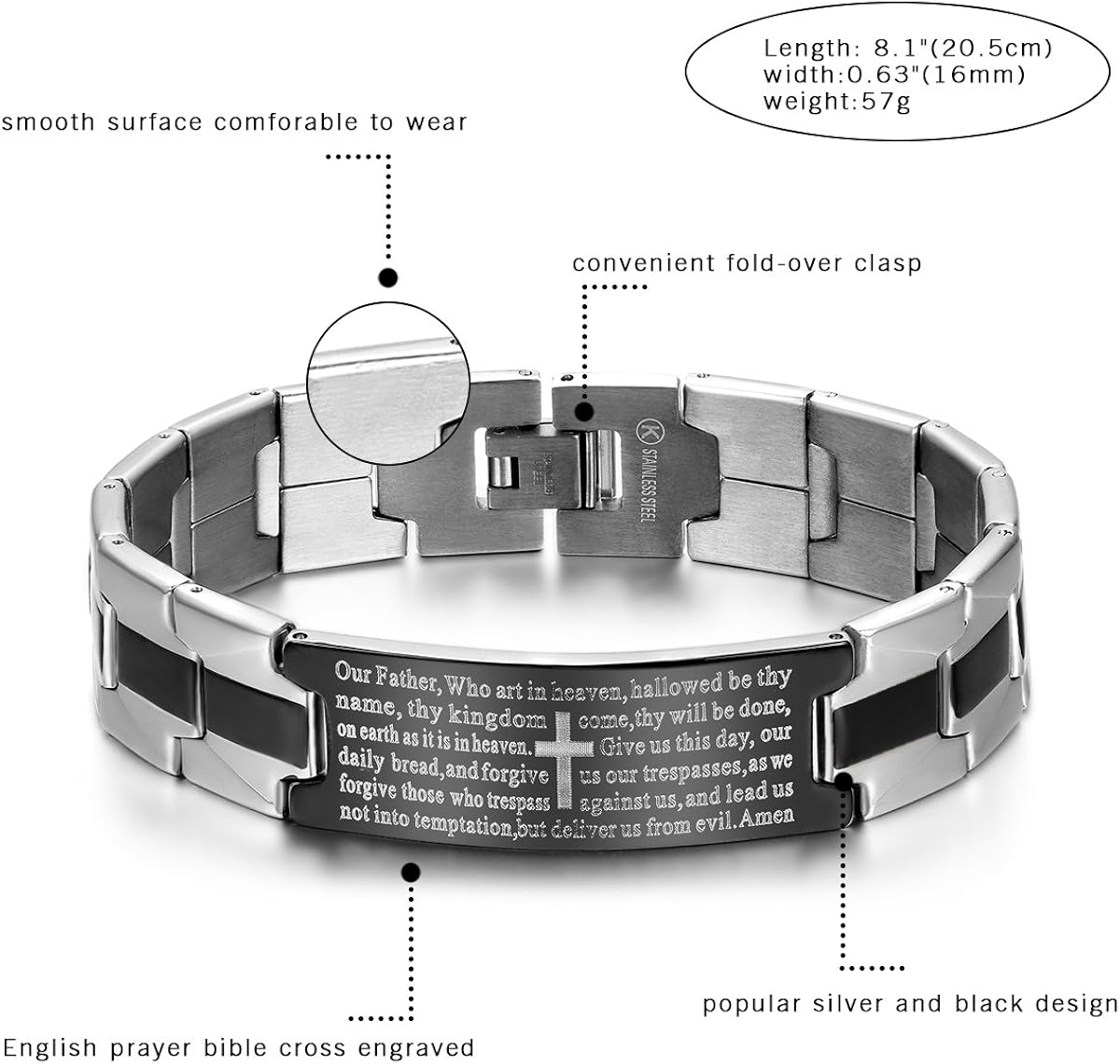 Oidea Mens Classic Stanless Steel Silver and Black Tone English Lord Bible Prayer Bracelet,Fit for 6.5-9.5 Inch Wrist - Image 3