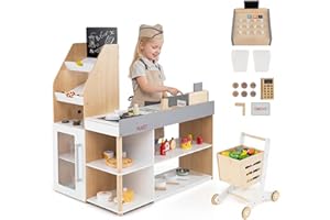 HONEY JOY Grocery Store Pretend Play, Kids Wooden Grocery Store Playset w/Shopping Cart, Play Money, Cash Register Stand, Cha