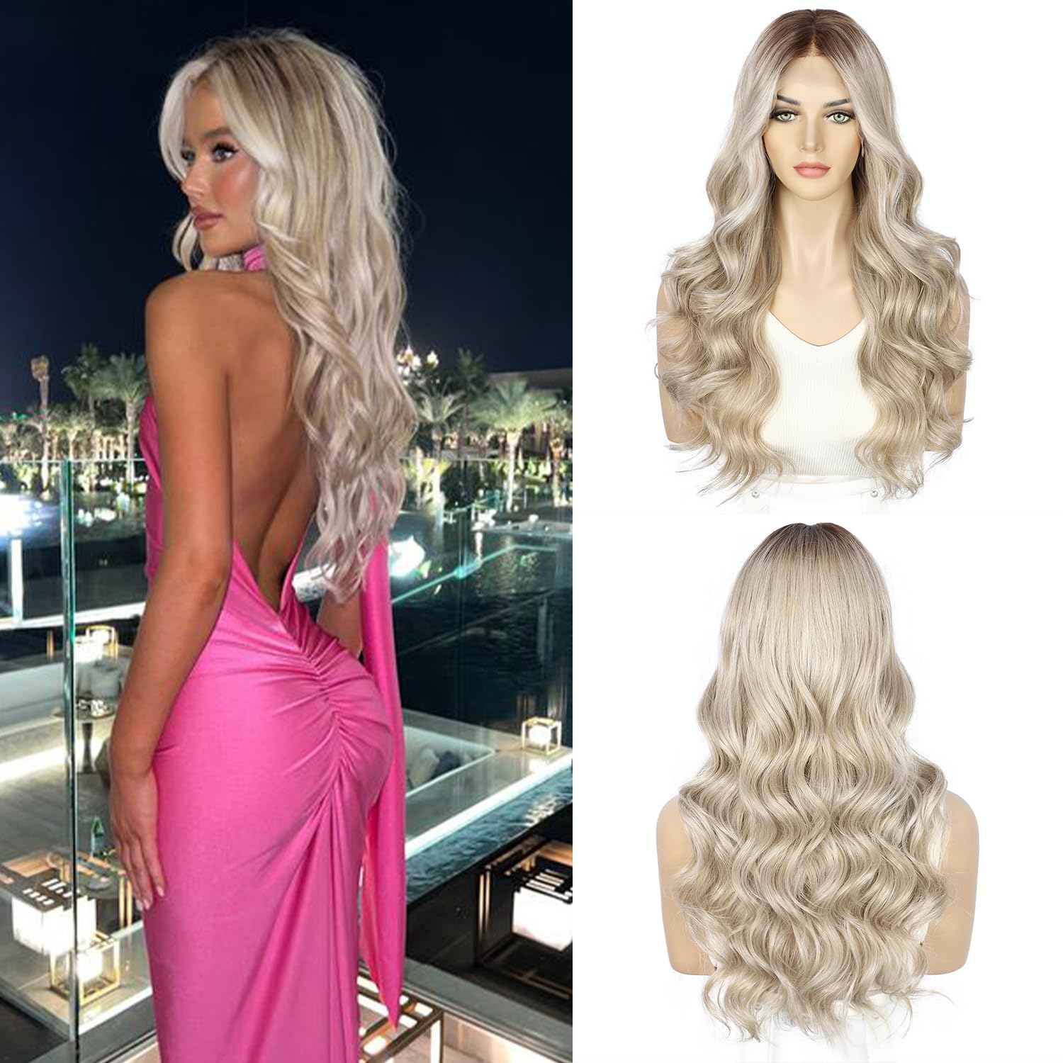 Sapphirewigs Lace Front Wig 13x4 Blonde Highlight Synthetic Wigs Light Blonde Body Wave Ombre White Lace Front Hair Pre-plucked Daily Wear Party Date Christmas 22 inch