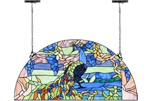 Bieye W10093 Peacock in Garden Tiffany Style Stained Glass Window Panel for Home Decor (Blue, 24Wx12H Half-Round)