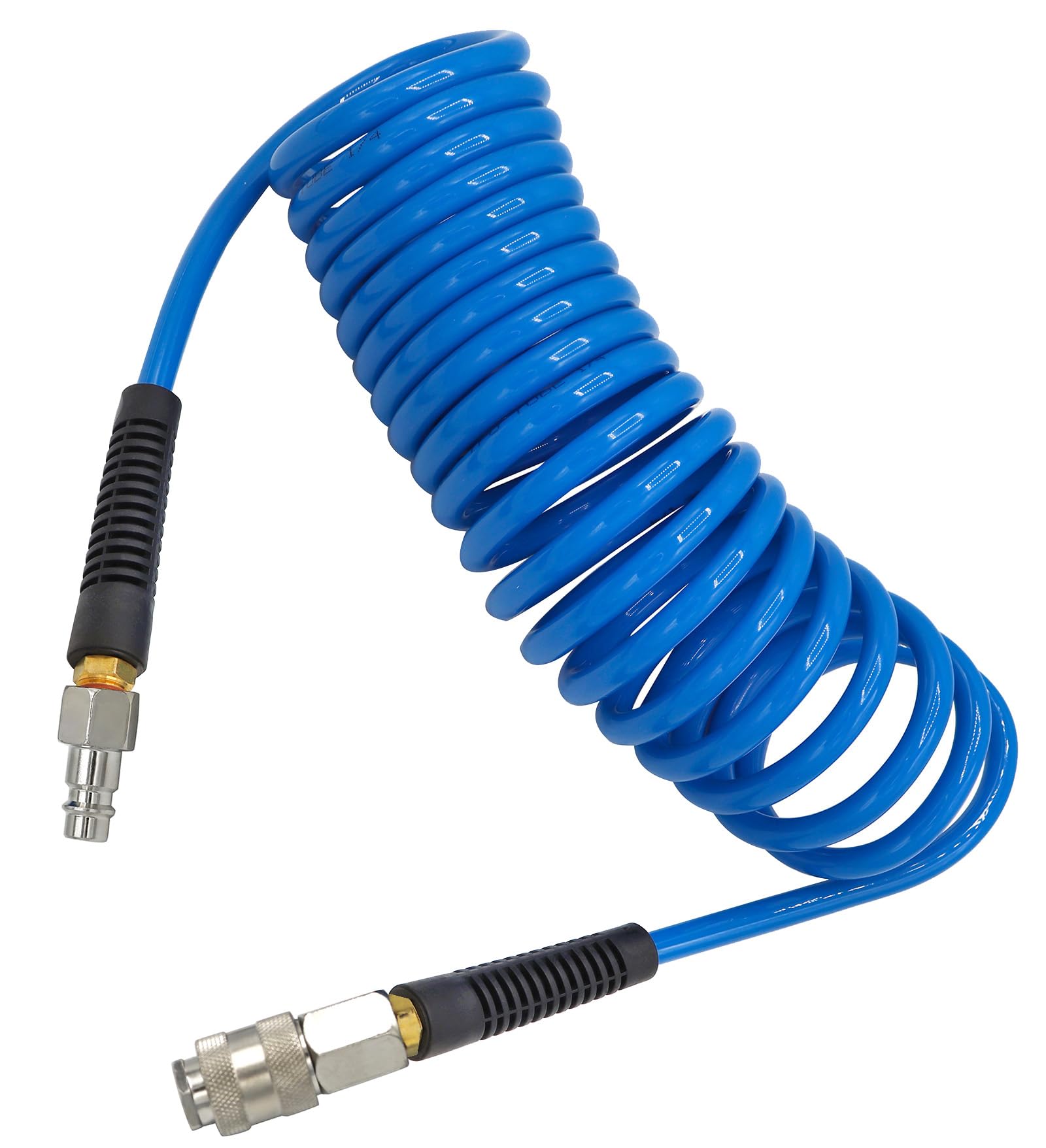 YOTOO Air Compressor Hose Polyurethane Recoil 5m Long 6mm ID x 9.5mm OD air Hose with Bend Restrictor, 1/4" Europe Quick Coupler and Plug, Blue