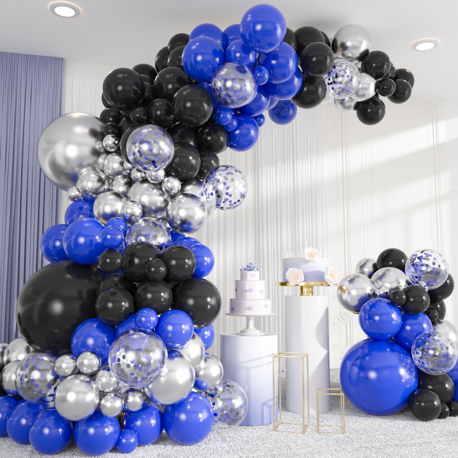 Photo 1 of 133pcs Blue Black Silver Balloons Arch Kit, 18/12/10/5 Inch Royal Blue Metallic Silver Confetti Balloons for 2025 Graduation, Birthday, Wedding, Father’s Day Party Decorations