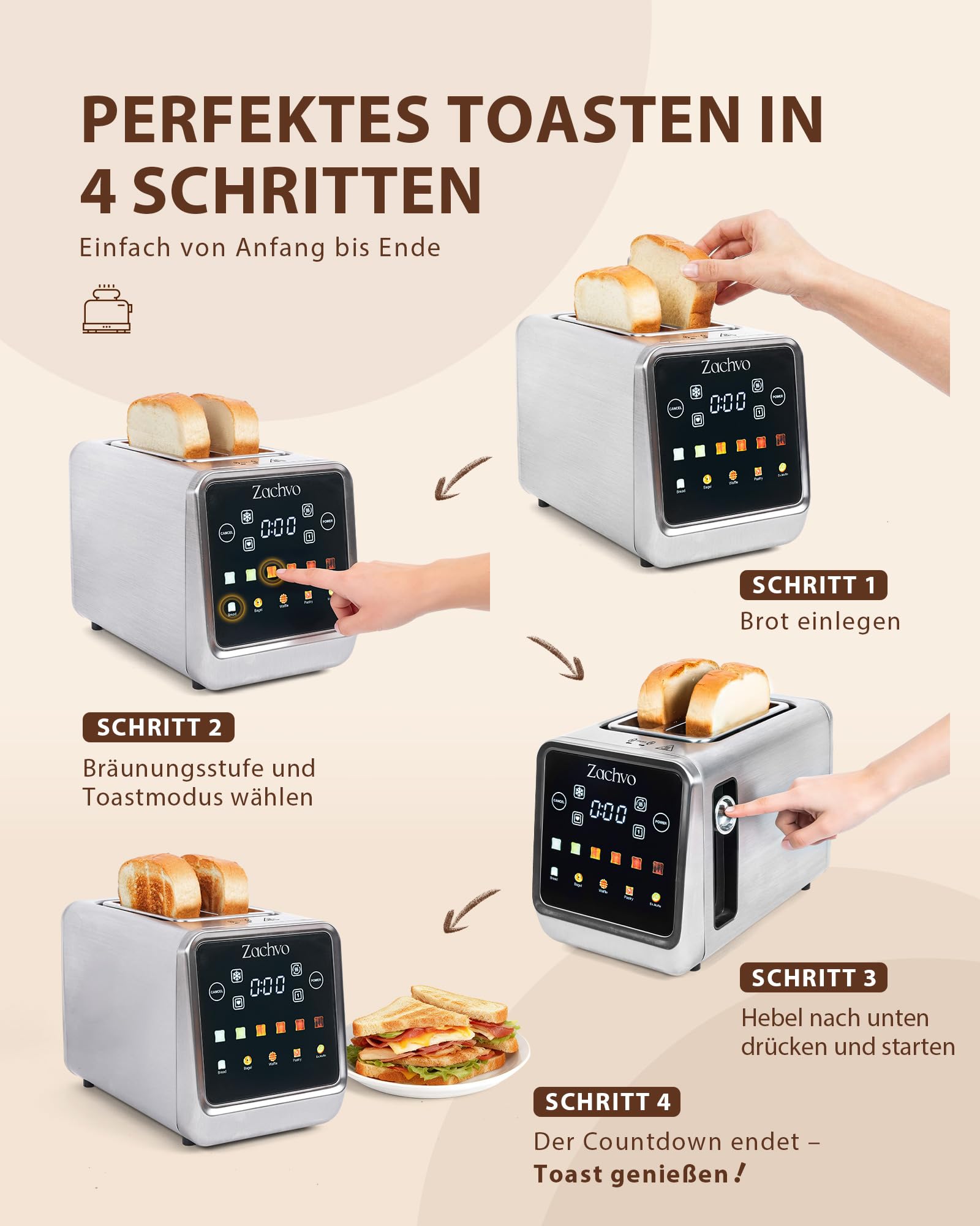 ZACHVO Toaster 2 Scheiben Edelstahl mit Smart Touchscreen & LED-Countdown, Intelligente Memory-Funktion, 3,5cm extra breite Schlitze, Einseitiges Rösten, inkl. Sandwich-Zange & Brötchenaufsatz, 850W 6