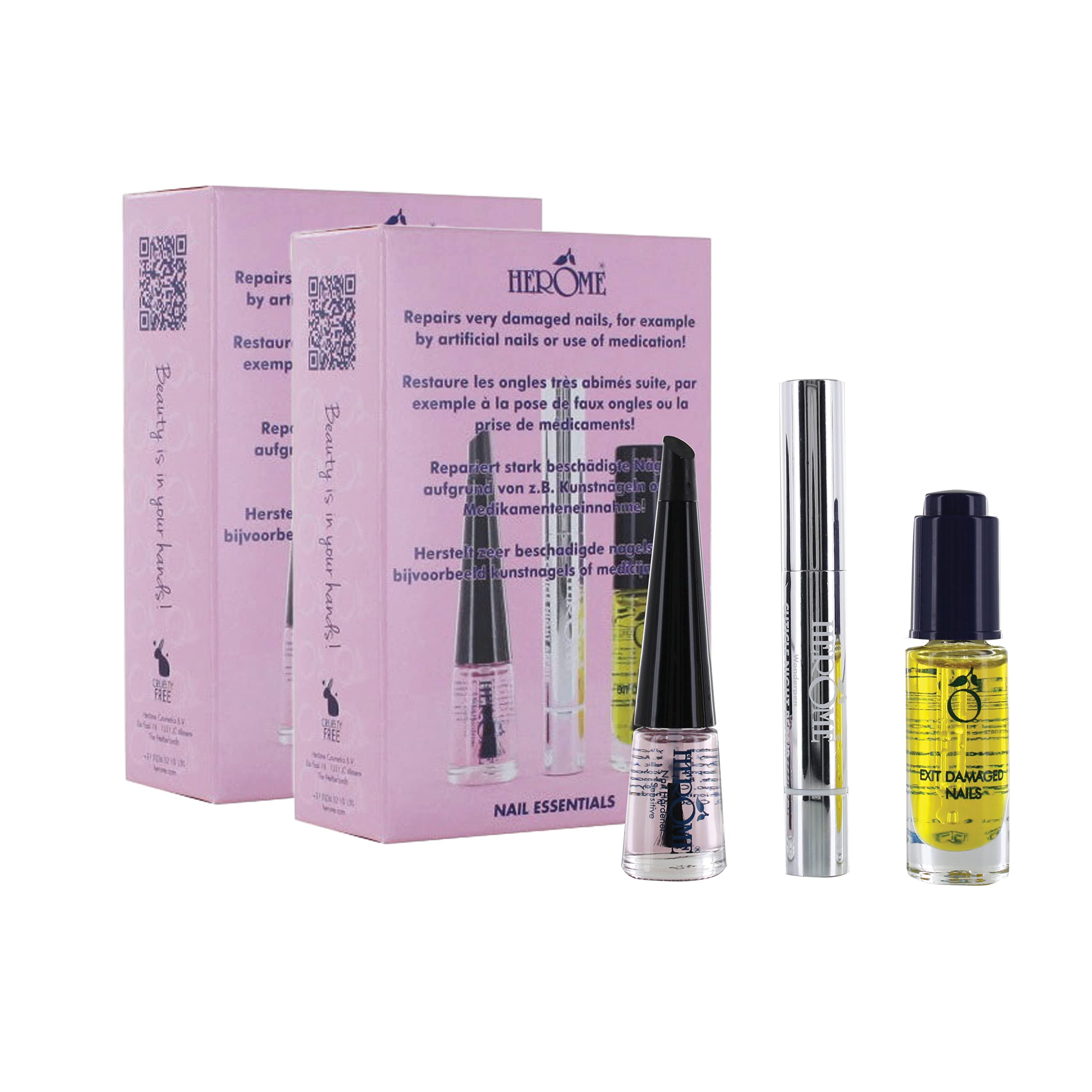 Herome - 2 PACK Nail Essentials Set Pink | Treatment Kit for Post-Acrylic, Damaged Nails and Medication, contains 2 Nail Hardener, 2 Nourishing Nail Oil, 2 Cuticle Serum Oil