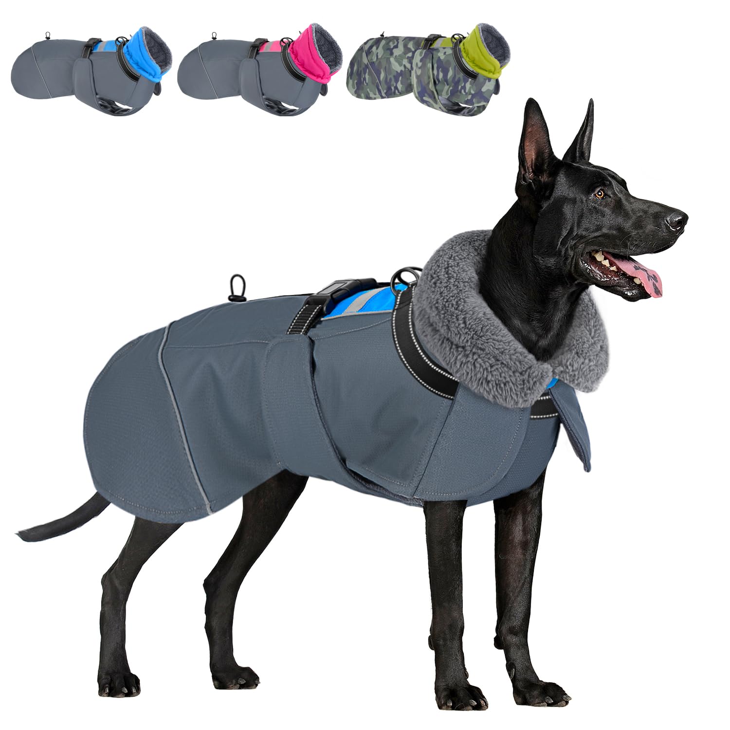 SlowTon Dog Coat - Waterproof Adjustable Fleece Dog Turtleneck Jacket with Collar and Drawstring - Reflective Winter Pet Clothes for Medium Large Dogs in Cold Weather