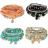 Vocect 4 Sets Bohemian Stackable Bead Bracelets, Multilayer Stretch Colorful Beaded Strand Bracelets Handmade Boho Style Jewelry, Fashion Accessories for Women Daily Wear Vacation Parties Gifts