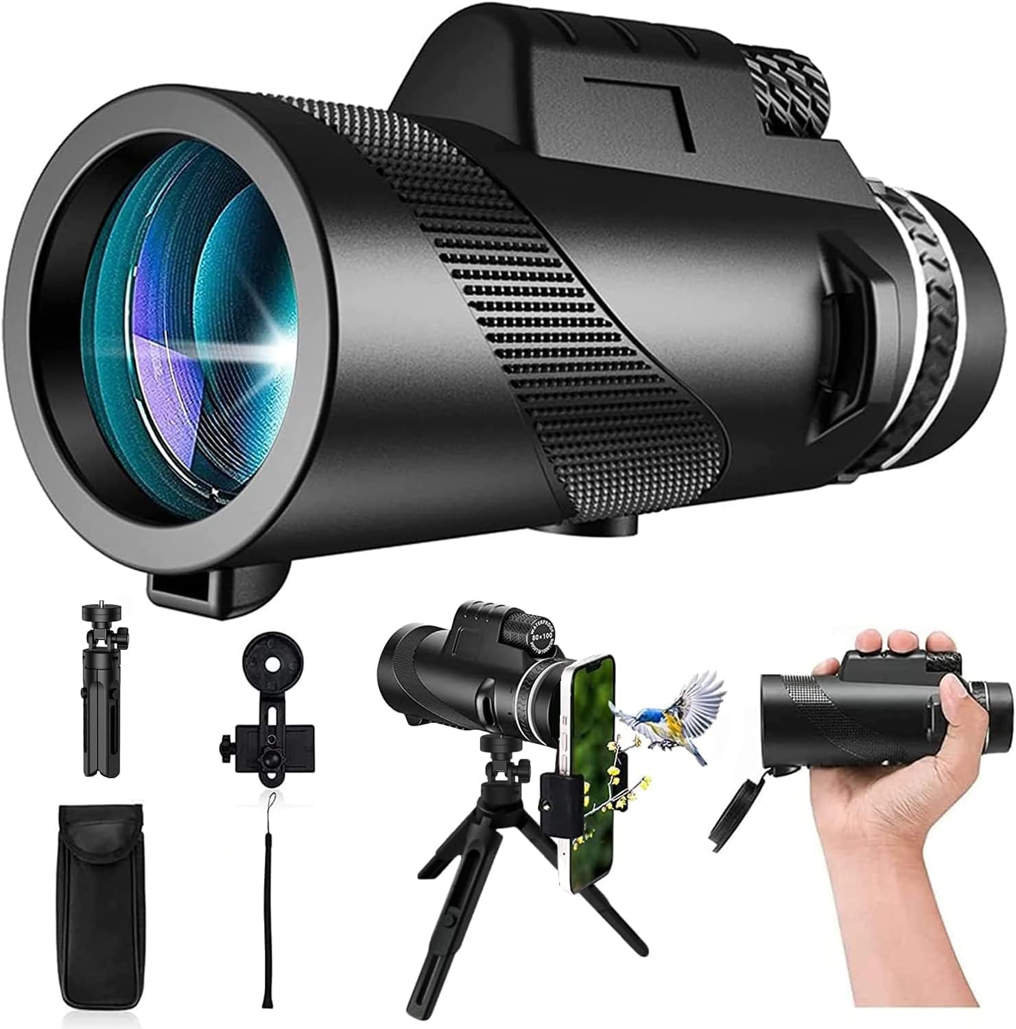 Photo 1 of Monocular-Telescope 80x100 High Powered Monoculars High Definition for Adults High Powered with Smartphone Adapter Telescope Hunting Wildlife Bird Watching Travel Camping Hiking-Black