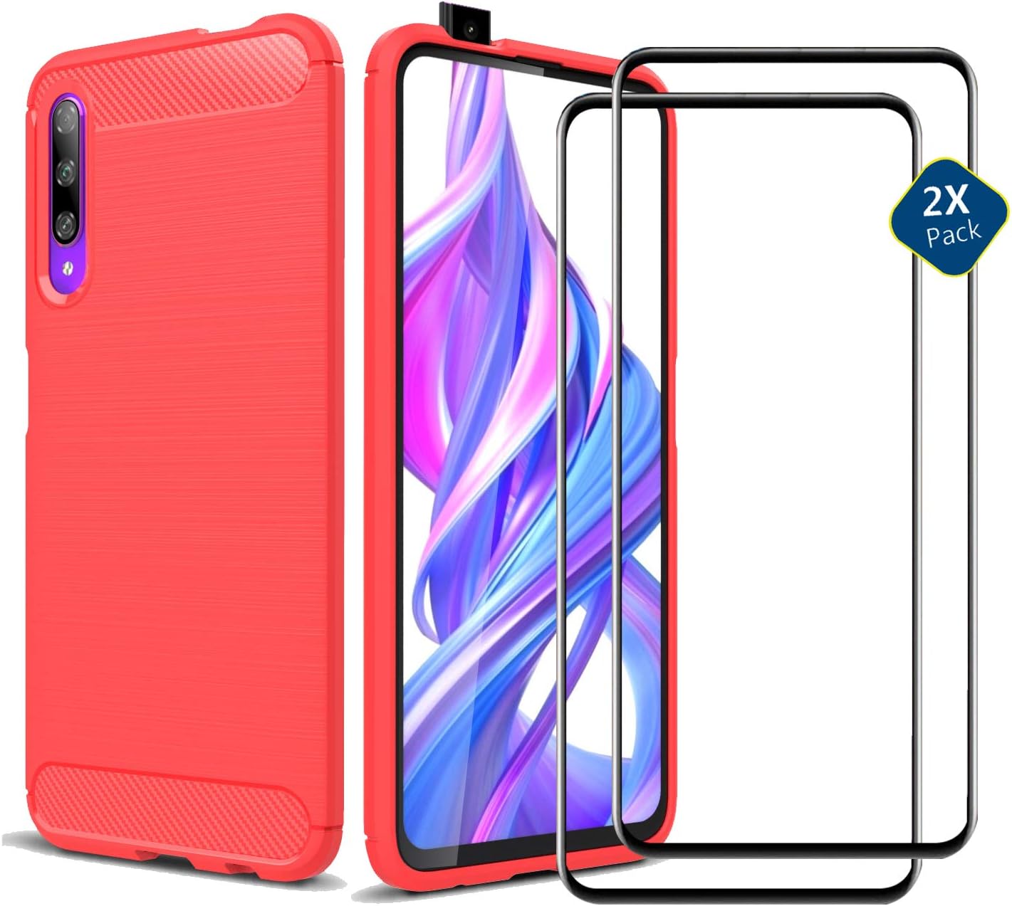 DYIGO Case + 2 Pack Screen Protector Compatible with Huawei Honor 9X Pro/Huawei Y9S/Honor 9X,Brushed texture is easy to grip, anti-fall mobile phone case, ultra-light protective cover(red)