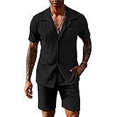 URRU Mens Short Sets 2 Piece Outfits Summer Beach Terry Short Sleeve Button Down Shirt and Shorts Set
