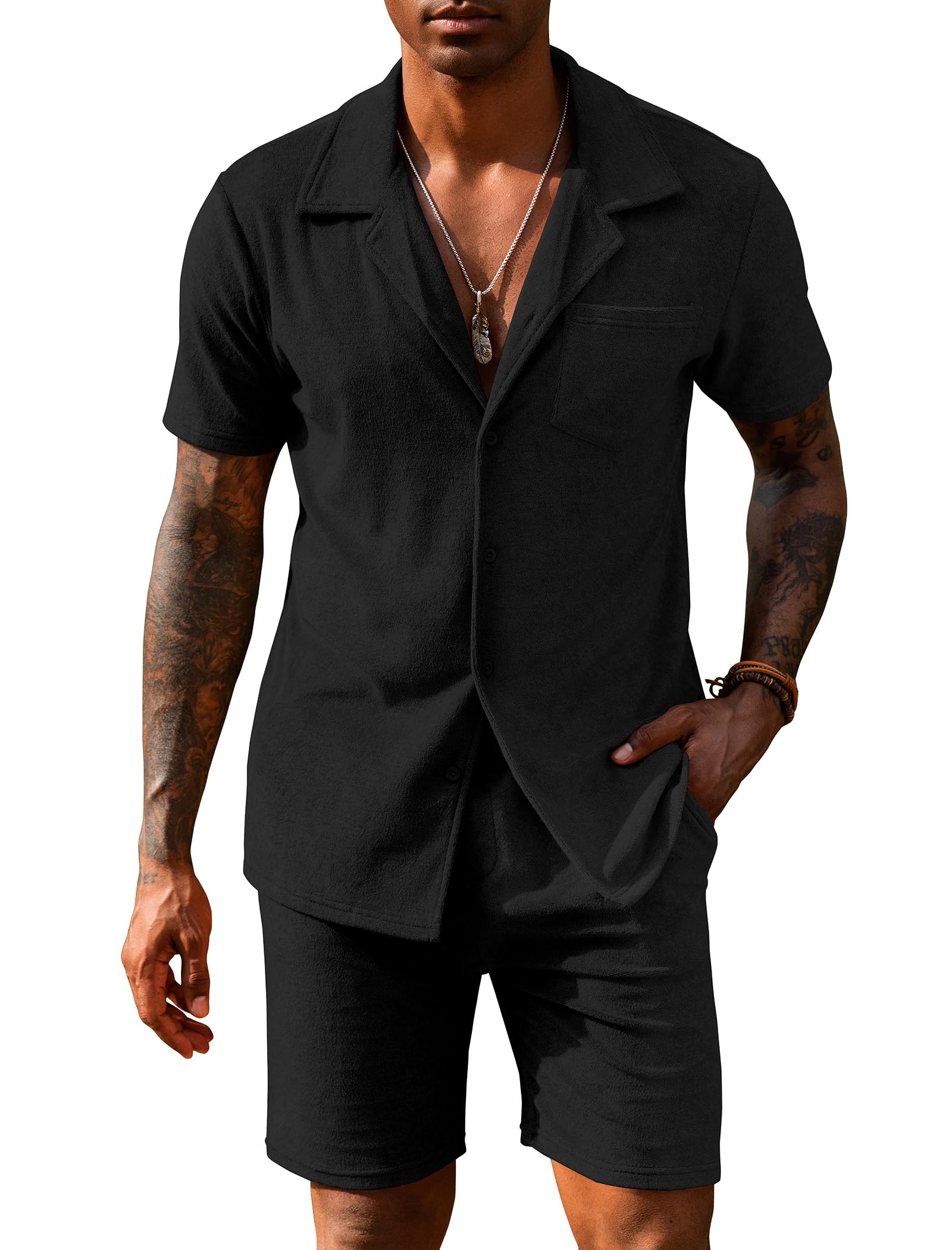 Photo 1 of ***MISSING BOTTOMS*** URRU Mens Short Sets 2 Piece Outfits Summer Beach Terry Short Sleeve Button Down Shirt and Shorts Set Black M