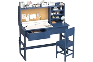 RUPOLX Blue Ergonomic Wooden Height Adjustable Kids Fluted Desk and Chair Set,Kids Study Desk with 2 Fluted Drawer,Kid Study 