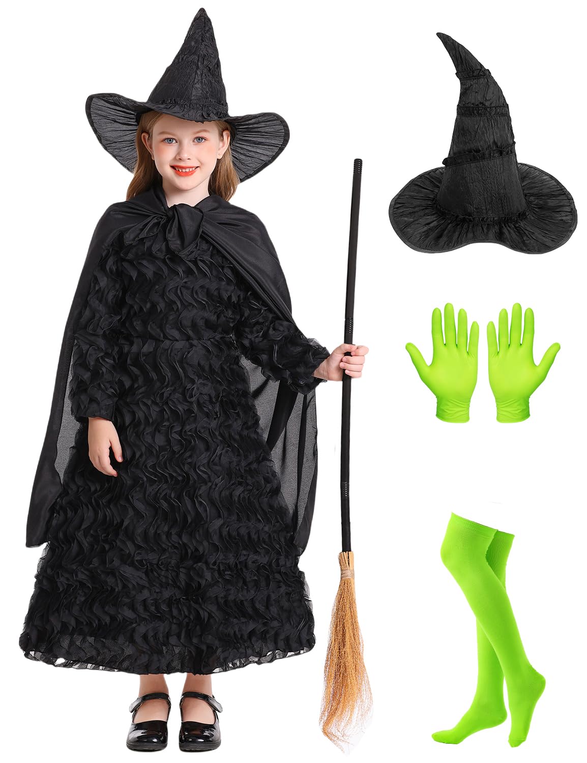 Photo 1 of IBQ Kids Black Witch Costume Girls Black Ruffled Princess Dress Toddler Halloween Costumes Witch Cosplay Outfit with Pointed Hat, Gloves, Socks, Glasses BQ048XXL