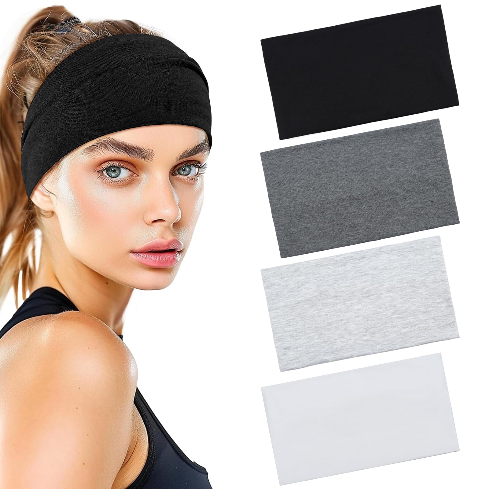 BELEVO Headbands for Women's Hair, Fabric Headband Elastic Head Bands adult Women Stretchy Hair Bands Soft Hair Accessories for Yoga Exercise Sports Makeup 4 Pcs (Black/White/Grey)