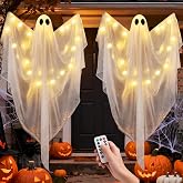 Hanging Ghost Halloween Decorations 2 Pack, 51 Inch Remote Lighted Ghosts | Warm LED glow with 8 lighting modes and remote control; spooky floating ghosts for porch, yard, tree, indoor or outdoor use