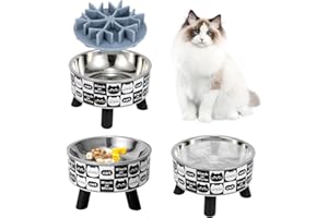 IKIKICUBEE 3PCS Elevated Cat Bowls with Slow Feeder, Wide Raised Stainless Steel Cat Dishes Plastic Stand Silicone Slow Food Dispenser, Whisker Friendly Pet Water Food Plates Feeding Station Indoor Cats, Kitten