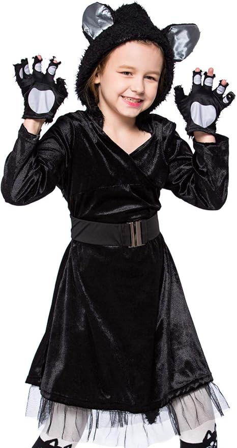 Amazon ホッミコッゼ ｈｏｍｅｙｃｏｚｙ ハロウィン衣装 ハロウィーン仮装 黒ネコ 子供用 ガールズ 可愛い ドレス コスチューム 手袋付き 3点セット S キッズコスチューム ホビー