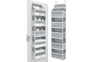 Yecaye 1 Pc Over the Door Organizer with 5 Bins 10 Side Pockets, 44lbs Load Hanging Bathroom and Bedroom Organizer, behind the Door Hanging Organizers for Nursery Newborn Baby Essential Stuff Grey