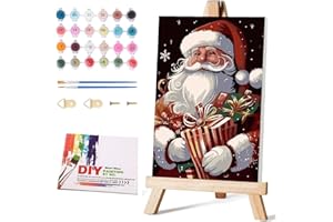 Pretyps Paint by Numbers Kit for Adults Framed Canvas, with Wooden Easel,Paint by Numbers for Kids Ages 8-12, Christmas Santa Claus DIY Acrylic Landscape Oil Painting Arts Crafts, 9.45x11.8inch