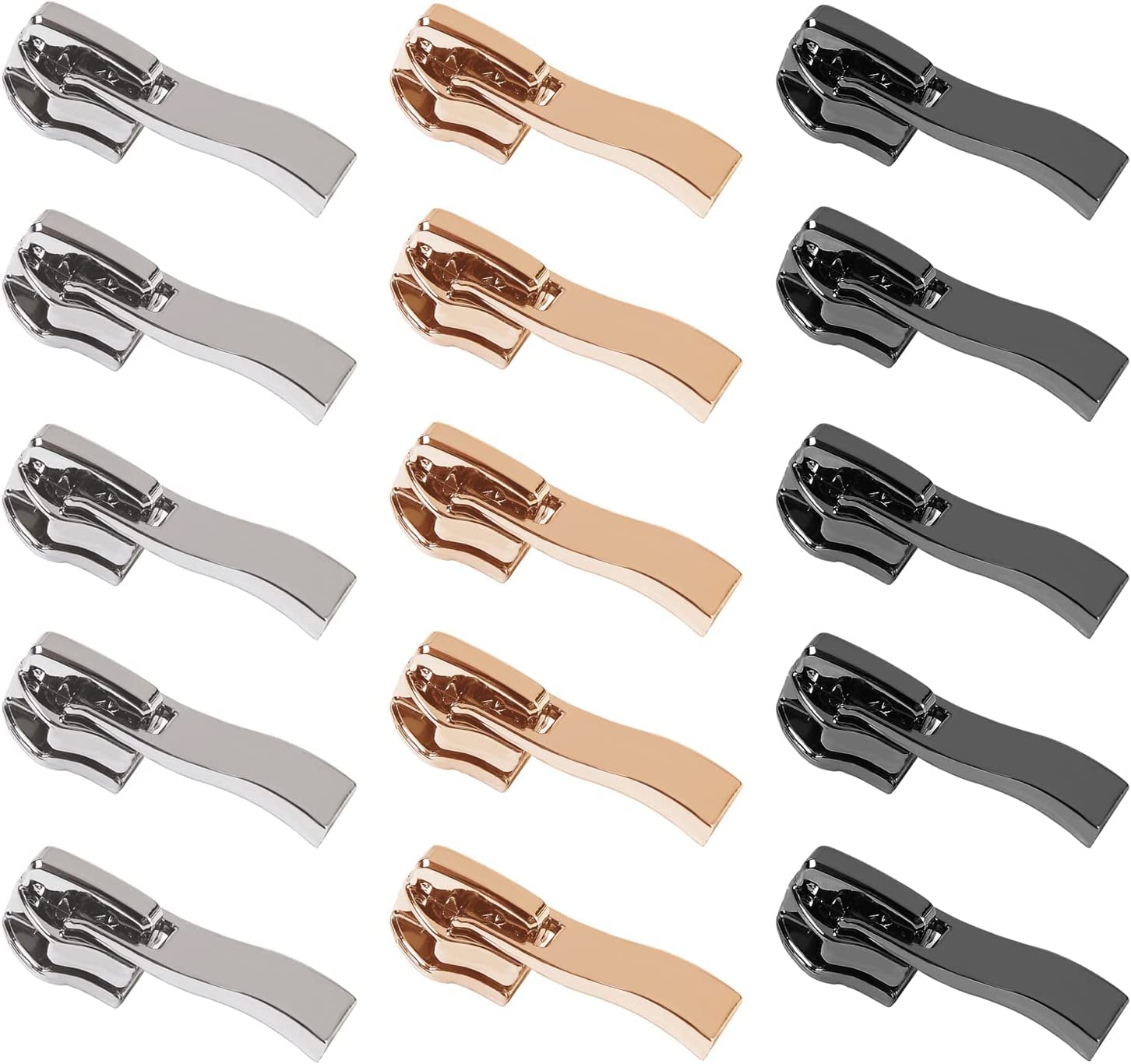 Zips,15 Pack 5# Zipper Pulls Replacement for Replacing Fixing Zip of Coat Jackets Luggage Clothes (Silver Gold and Black)