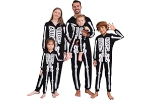 Patgoal Halloween Skeleton Costumes Matching Family One Piece Hooded Jumpsuit Bodysuit for Men Women Kids Couples Adult