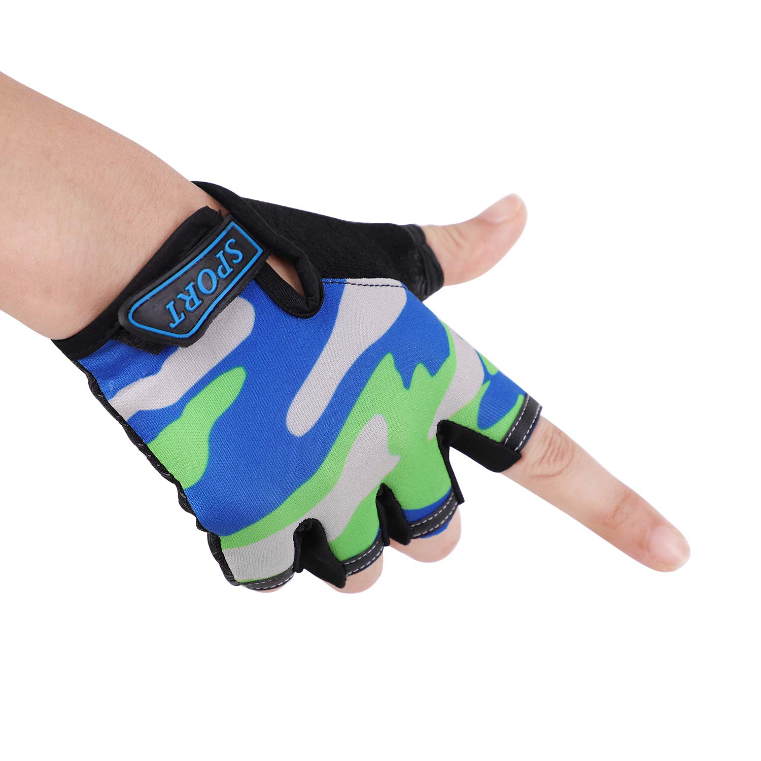 Girls Boys Camo Non-Slip Cycling Gloves Shock-Absorbing Bicycle Scooter Bicycle Riding Fingerless Gloves Children Kids Breathable Sports Gloves for Bike Skateboard Roller Skating Biking Climbing