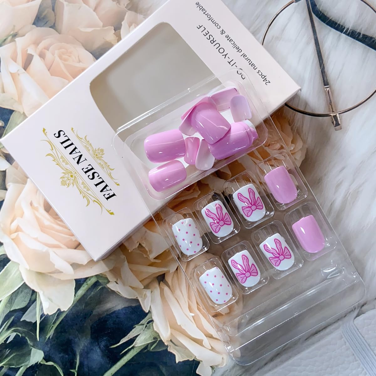 Pink Press on Nails Short Square Cute Fake Nails Valentine’s Day Press on Nails with Bow-Knot Designs Pink Acrylic Nails Full Cover Valentines Nails Glue on False Nails with Designs for Women 24PCS - Image 6