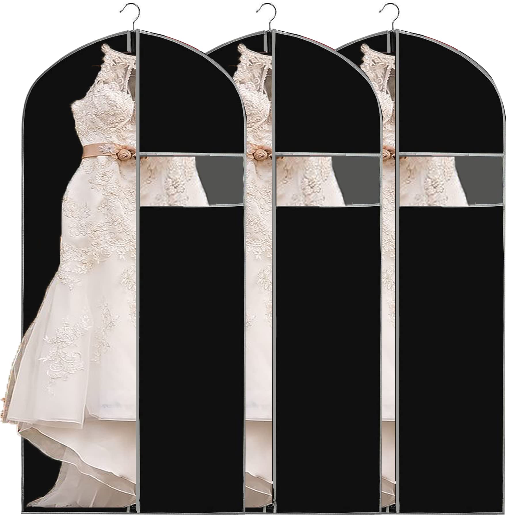 Dress Bag Covers Long, URMI Breathable 60 x 183cm (3 PCS) Hanging Wedding Dress Bridesmaid Dress Bags for Gowns Prom Bridal Garment Bags with Clear Window Moth Proof Clothes Cover Storage Bag Black