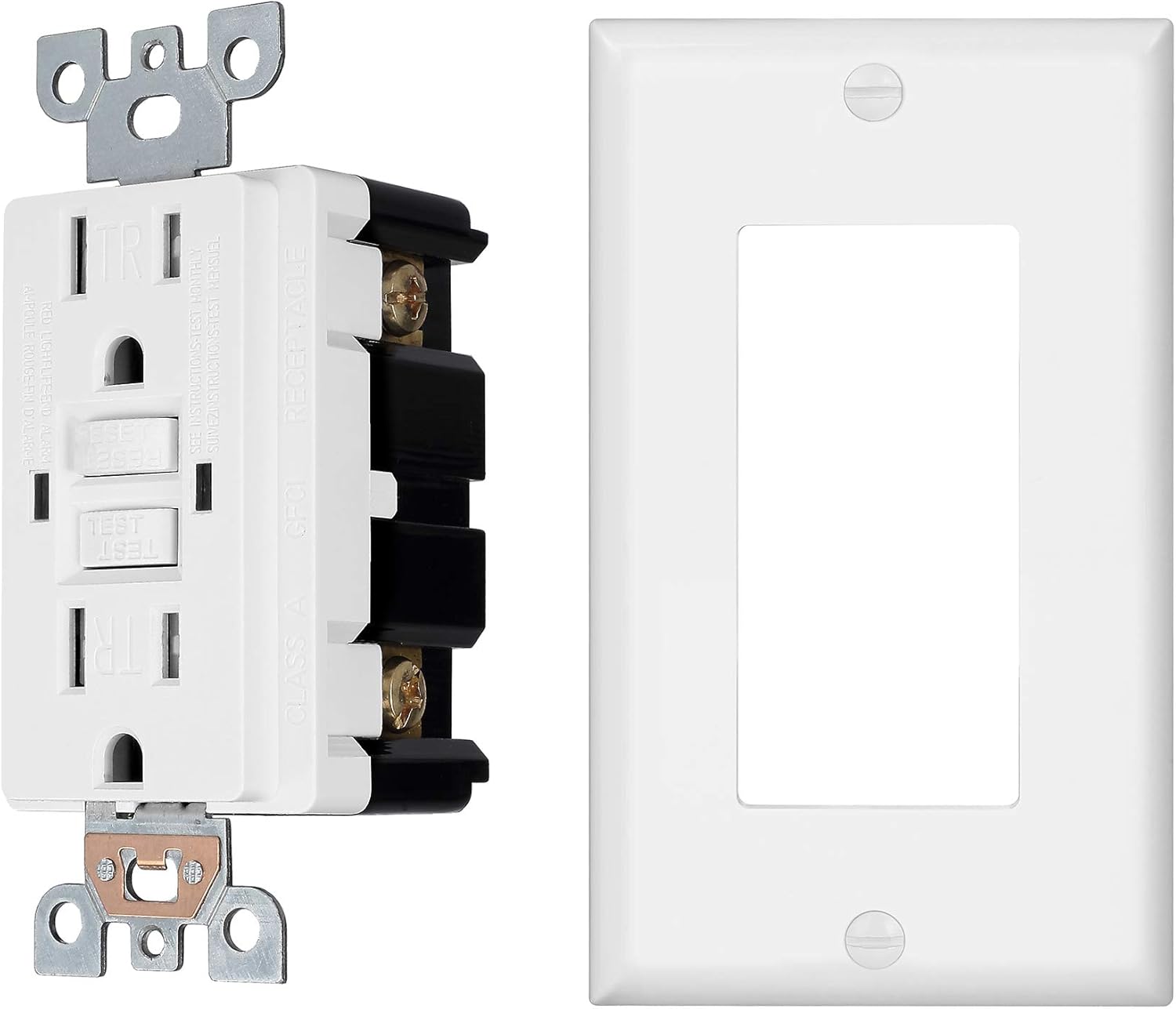 1 Pack - GFCI Duplex Outlet Receptacle - Tamper Resistant 15-Amp/125-Volt, Self-Test Function with LED Indicator - UL Listed, cUL Listed - Wall Plate and Screws Included, White - - 
