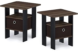 Furinno Andrey Set of 2 End Table / Side Table / Night Stand / Bedside Table with Bin Drawer, Columbia Walnut/Dark Brown
