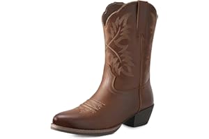 Rollda Leather Cowboy Boots for Women, Genuine Leather Womens Western Boots Mid Calf with Embroidery, Cowgirl Boots Round Toe