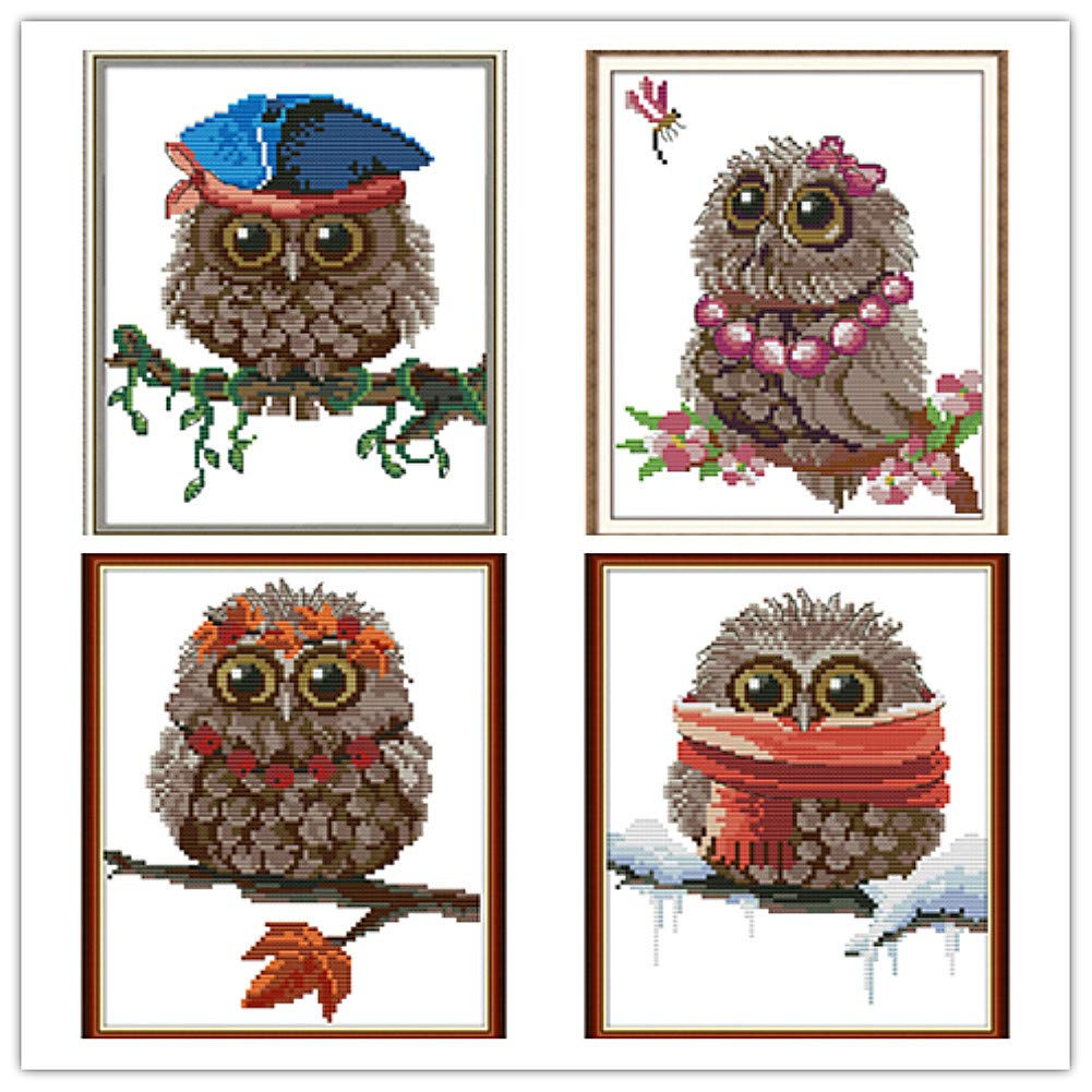 Awesocrafts 4 Pack Cross Stitch Kits, Owls Four Seasons Easy Patterns Cross Stitching Embroidery Kit Supplies Christmas Gifts, Counted (Owls, Counted)