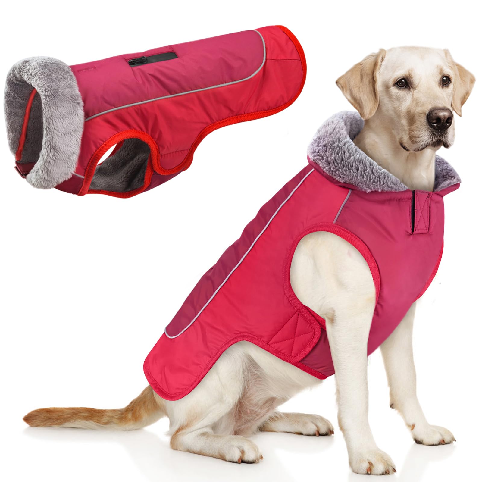 Idepet Dog Coat Warm Jacket,Waterproof Pet Coat Snowsuit,Reflective Windproof Dog Clothes for Small Medium Large Dogs Red Black