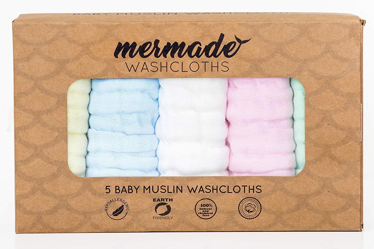 Mermade Baby Muslin Washcloths - Super Soft Baby Cloths - 5 Pack Set (12x12 Inch, 9-Ply, Natural Cotton)