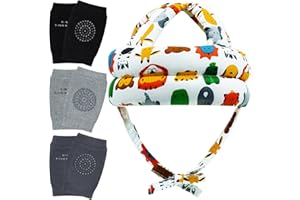 REFLYAWAY Adjustable Infant Baby Safety Helmet & Baby Knee Pads 3 Pairs Toddler Protector Cap Soft Cotton Cushion, A Bump-Free Safety Hood for Your Baby to Learn to Crawl, Walk, and Run with Soft Knee Pads