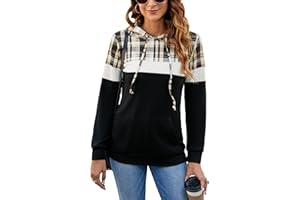 Bluetime Women Drawstring Pullover Hoodies Casual Long Sleeve Tops Color Block Sweatshirts with Pocket (S-XXL)