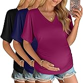 Ficerd 3 Pack Women's Maternity Shirts V Neck Half Sleeve Pregnancy Tunic Tops Side Ruched Mama Clothes Casual Tee Blouse