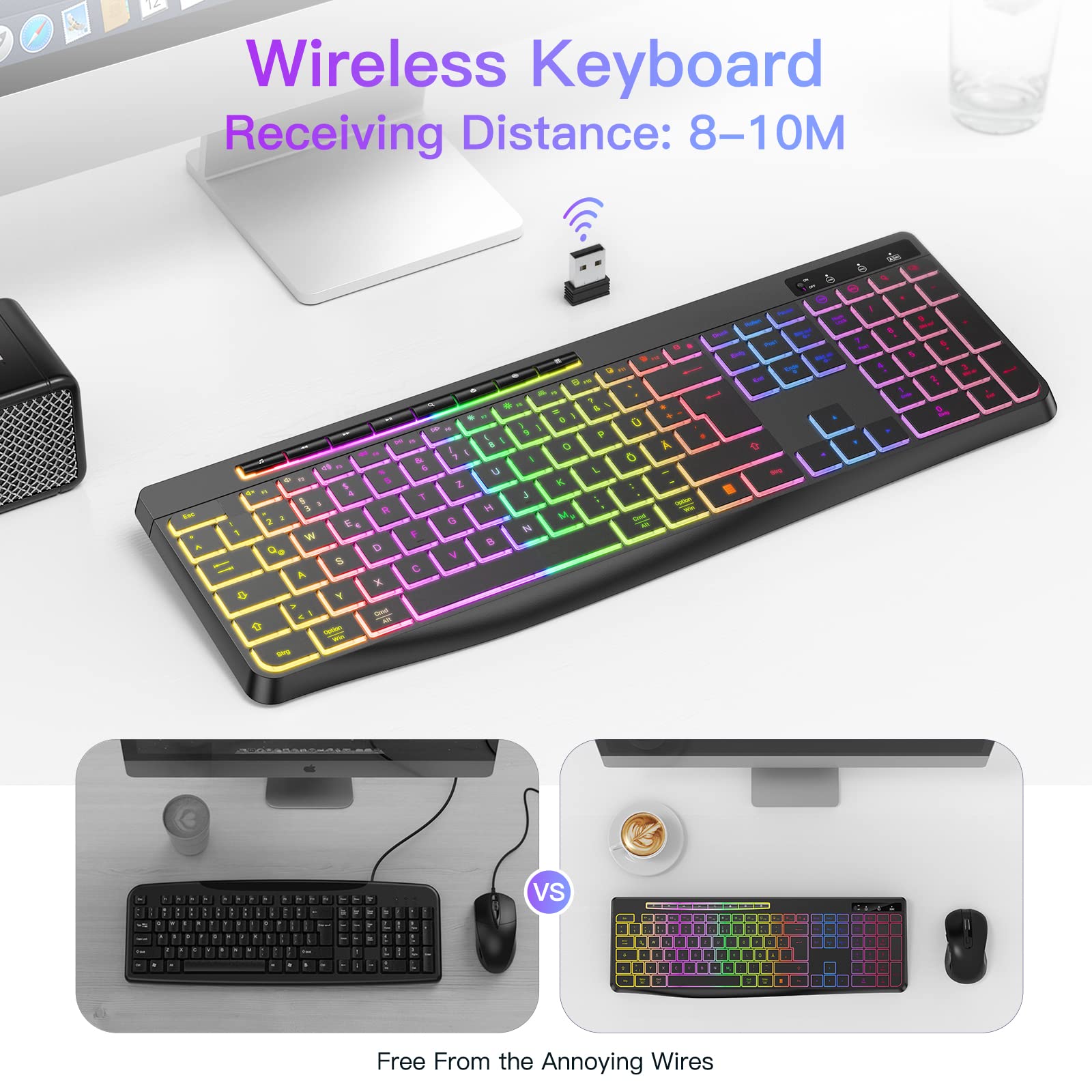 TECURS Tastatur Kabellose Gaming - Leise Tastatur QWERTZ Beleuchtet Ergonomisch Wasserdicht, 2.4Ghz Led Keyboard für Windows/Mac /PS4/ Xbox mit Multimedia-Tasten Schwarz 3
