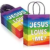 Kosiz 24 Pcs Christian Sunday School Gift bags Jesus Loves Me Paper Bags Trunk or Treat Goody Treat Bag with Handles Religious Gift Wrapping for Fall Halloween Church Classroom Supplies