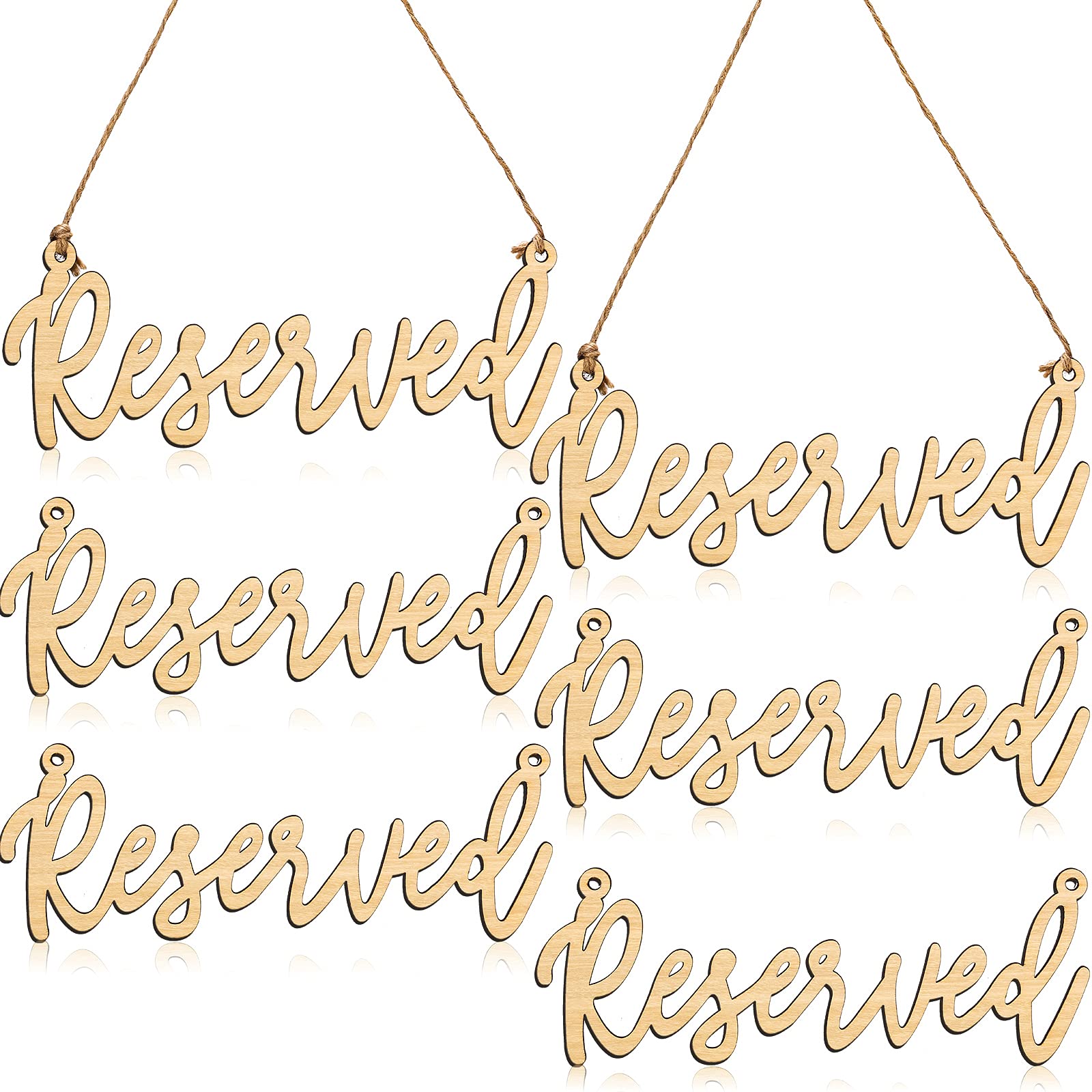 Photo 1 of Hanging Wooden Reserved Sign Rustic Unfinished Wedding Reserved Seating Sign with Jute Hanging Rope Laser Cut for Important Events Church Pews Chair and Restaurant